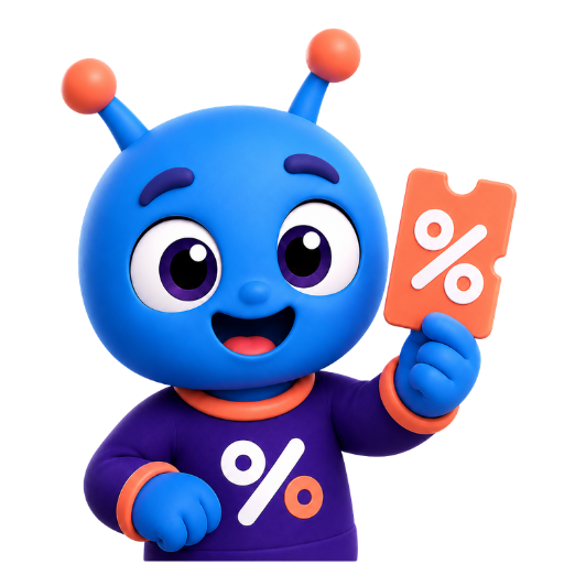 Lando, um simpático alienígena azul de antenas laranjas, segurando um cupom de desconto